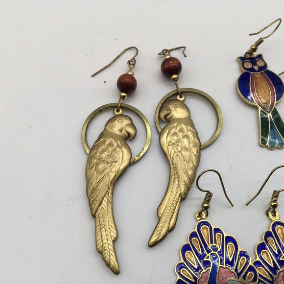 Lot Bird Earrings Cloisonne Enamel Gold Tone Peacock  Parrot Whimsical Catbird - Picture 4 of 10